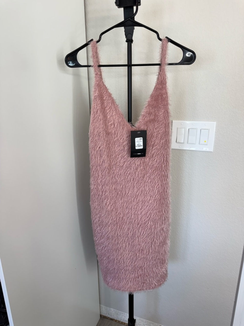 Fashion Nova Dusty Pink Faux-Fur V-Neck Mini Dress